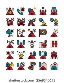 set of camping outdoors decoration element filled outline icon vector illustration