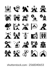 set of camping outdoors decoration element solid glyph icon vector illustration