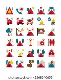 set of camping outdoors decoration element flat icon vector illustration