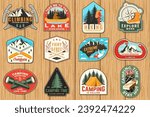 Set of camping patch, sticker. Outdoor adventure vector badge design. Vintage typography design with knives, bear in canoe, matches stick, burning lighter, hiker, climbing ice-axe match and forest