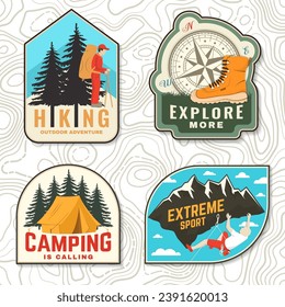 Set of camping patch, sticker. Outdoor adventure vector badge. Vintage typography design with forest pine tree and hiker, hiking boots and compass, camping tent, climber on the mountains and forest