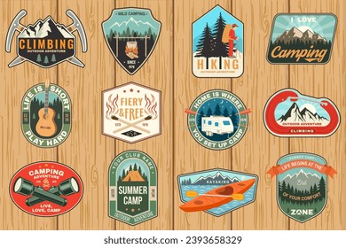 Set of camping patch, sticker. Outdoor adventure vector badge design. Vintage typography design with canoe, mountain, matches stick, burning lighter, hiker, climbing ice-axe and forest