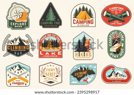 Set of camping patch, sticker. Outdoor adventure vector badge design. Vintage typography design with knives, bear in canoe, matches stick, burning lighter, hiker, climbing ice-axe match and forest.