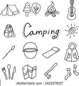 Set of camping, picnic, tent, bonfire, map
