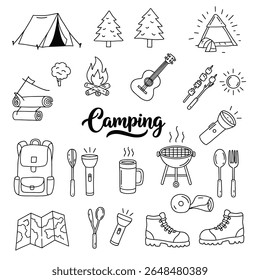 Jogo de acampamento, piquenique, tenda, fogueira
