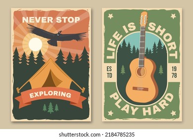 Set of camping poster, banner. Vector illustration. Concept for shirt or logo, print, stamp or tee. Vintage typography design with guitar, camping climber, tent, mountain and forest silhouette.