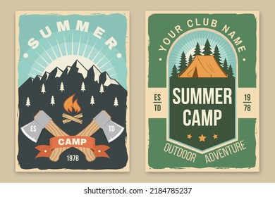 Set of camping poster, banner. Vector. Concept for shirt or logo, print, stamp or tee. Vintage typography design with axe, campfire, tent, forest and mountain silhouette. Camping quote.