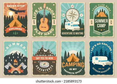 Set of camping poster, banner. Vector illustration. Concept for shirt or logo, print, stamp or tee. Vintage typography design with guitar, camping climber, tent, mountain and forest silhouette.