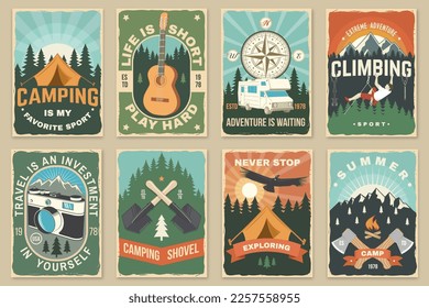 Set of camping poster, banner. Vector illustration. Concept for shirt or logo, print, stamp or tee. Vintage typography design with guitar, camping climber, tent, mountain and forest silhouette.