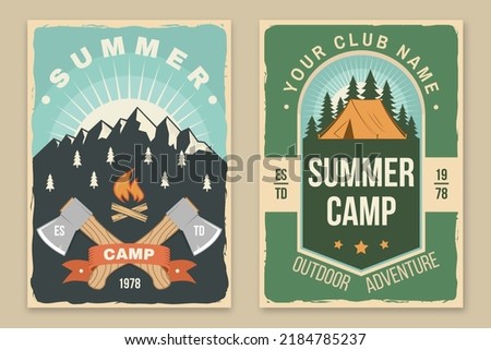 Set of camping poster, banner. Vector. Concept for shirt or logo, print, stamp or tee. Vintage typography design with axe, campfire, tent, forest and mountain silhouette. Camping quote.