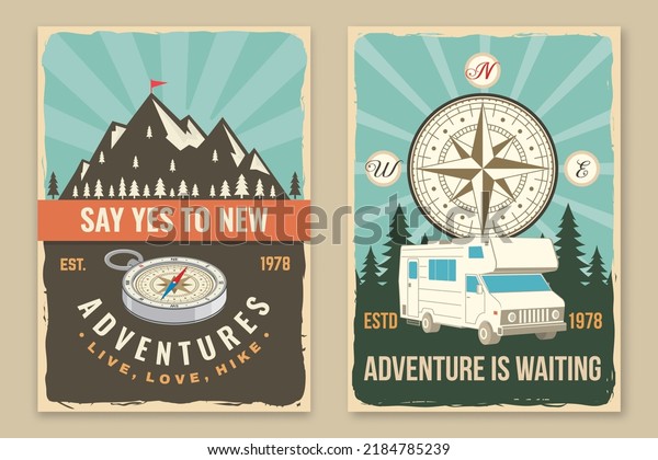 Set of\
camping poster, banner. Vector illustration Concept for shirt or\
logo, print, stamp or tee. Vintage typography design with compass,\
camper rv and forest silhouette. Camping\
quote.
