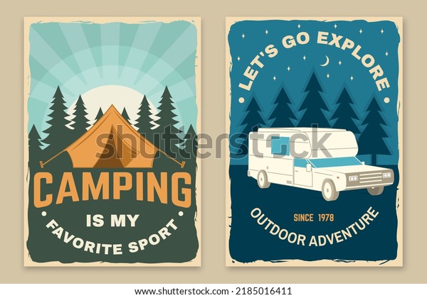 Set of\
camping poster, banner. Vector illustration. Concept for shirt or\
logo, print, stamp or tee. Vintage typography design with camper\
rv, tent and forest silhouette. Camping\
quote.