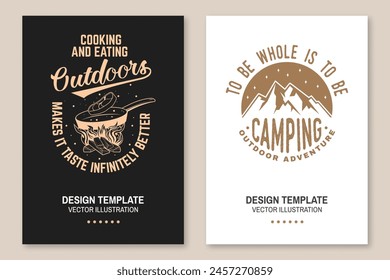 Set of camping poster design. Vector. Outdoor adventure. Design with forest, mountains, steak in a pan and campfire. The images are created without the use of any artificial intelligence software at