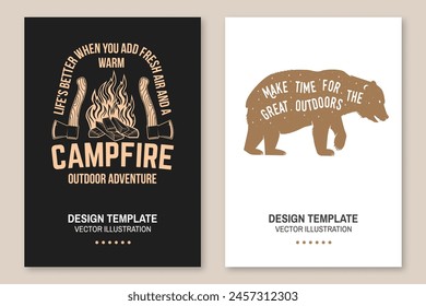 Set of camping poster design. Vector. Outdoor adventure. Design with axe, bear and campfire silhouette. The images are created without the use of any artificial intelligence software at any stage.