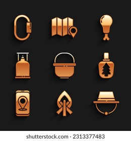 Set Camping pot, Campfire, hat, Canteen water bottle, City map navigation, gas stove, Chicken leg and Carabiner icon. Vector