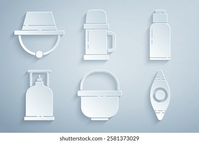 Set Camping pot, Canteen water bottle, gas stove, Kayak or canoe, Thermos container and hat icon. Vector