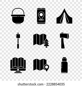 Set Camping pot, City map navigation, Tourist tent, Location of the forest monitor, Canteen water bottle, Marshmallow stick and icon. Vector