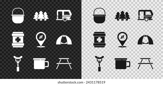 Set Camping pot, Forest, Rv trailer, Sausage on the fork, metal mug, Picnic table with benches, First aid kit and Compass icon. Vector
