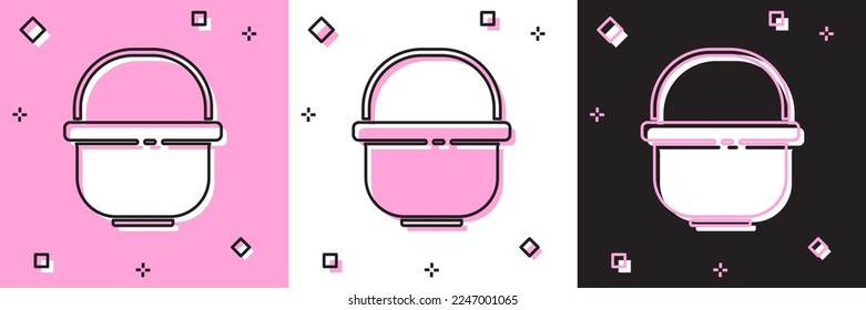 Ajuste el icono de la olla de camping aislado en fondo rosa y blanco, negro. Hervir o estofar el símbolo de la comida.  Ilustración vectorial
