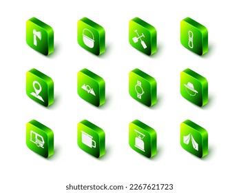Set Camping pot, Paddle, Climber rope, hat, Tourist tent, Smartwatch, gas stove and metal mug icon. Vector