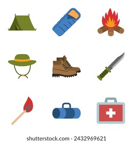 Set of camping recreation gear, equipment, element and tools. Vector Illustration 