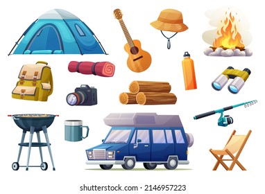 Set of camping recreation tools and equipment in cartoon style