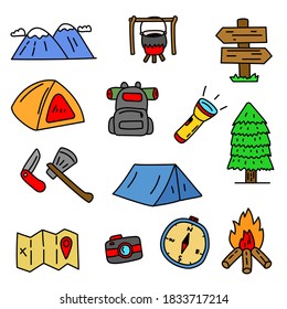 Set of camping related cartoon illustration with hand drawn style isolated on white background. Colorful camping doodle illustration 
