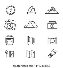 Set of camping related icon line. Camping related vector illustration with simple line design