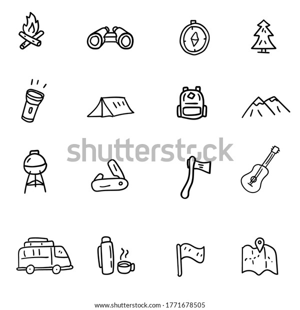 Set of camping related icons draw in doodle style\
isolated on white 