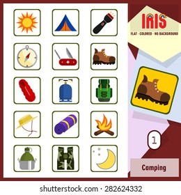 Set of camping related icons. Flat design, transparent background, thick border, rounded corners. All main elements well grouped and sorted in layers.