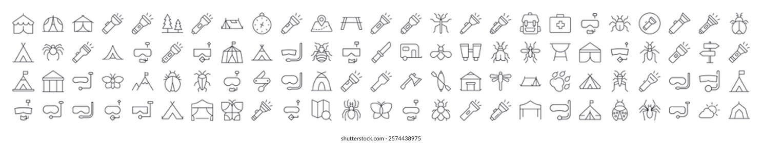 Set of Camping Related Line Icons. Editable Stroke for Design, Web Sites, Apps, Cards. Contains Linear Images of Flashlight, Diving Mask, Tent, Axe, Insect