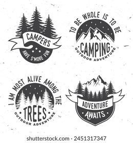 Set of camping related typographic quote for sticker, badges, patches . Vector illustration. Concept for shirt or logo, print, stamp or tee. Vintage typography design with forest, mountains and starry