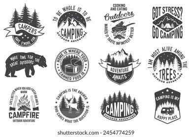 Set of camping related typographic quote. Vector. The images are created without the use of any artificial intelligence software at any stage. Design with forest, mountains, axe and campfire