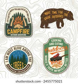 Set of camping related typographic quote. Vector. Design with forest, mountains, axe and campfire.