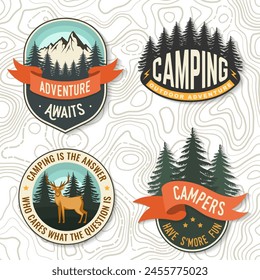 Set of camping related typographic quote for sticker, badges, patches . Vector illustration. Concept for shirt or logo, print, stamp or tee. Vintage typography design with forest, mountains and starry