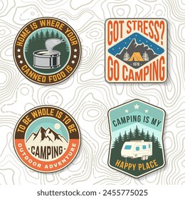 Set of camping related typographic quote for sticker, badges, patches . Vector. Patch design with forest, mountains and starry night sky, canned fish, camper silhouette