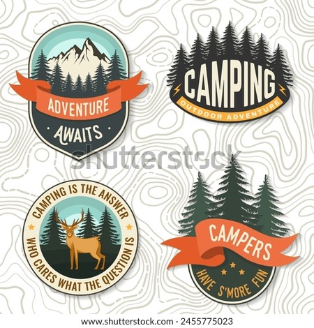 Set of camping related typographic quote for sticker, badges, patches . Vector illustration. Concept for shirt or logo, print, stamp or tee. Vintage typography design with forest, mountains and starry