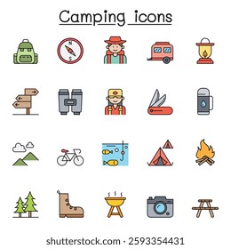 Set of Camping Related vector icon set. Contains such icon as tent, hiking, forest, car, campfire, mountain, traveler, compass, fishing, forest, camera, direction sign, bench in color line style