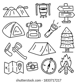 Set of camping related vector illustration in doodle hand drawn style with black color isolated on white background 