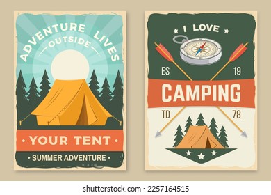 Set of camping retro posters, banner with travel inspirational quotes. Vector illustration. Concept for badge, patch, shirt, logo, print, stamp or tee. Design with camping tent, compass and forest