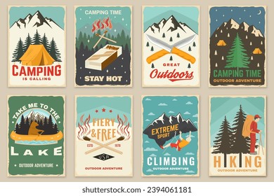 Set of camping retro posters. Outdoor adventure vector badge design. Vintage typography design with knives, bear in canoe, matches stick, burning lighter, hiker, climbing ice-axe match and forest