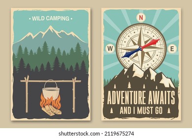 Set of camping retro posters. Vector illustration. Concept for shirt or logo, print, stamp or tee. Vintage typography design with boiling pot at the campfire, forest and camper compass silhouette