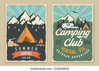 Set of camping retro posters. Vector illustration. Concept for shirt or logo, print, stamp, patch or tee. Vintage typography design with camping tent, trailer, forest and mountain silhouette.