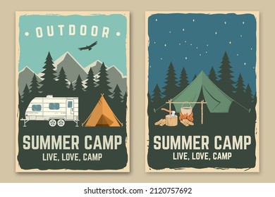 Set of camping retro posters. Vector illustration. Concept for shirt or logo, print, stamp, patch or tee. Vintage typography design with camping tent, trailer, forest and mountain silhouette.