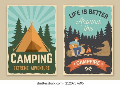 Set of camping retro posters. Vector. Concept for shirt or print, stamp, travel badge. Vintage typography design with camper tent, pot on the fire, axe, mountain, man with guitar silhouette.