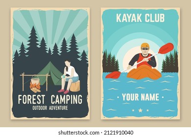 Set of camping retro posters. Vector. Concept for shirt or print, stamp, travel badge. Vintage typography design with camping tent, pot on the fire, mountain, girl, kayaker silhouette.