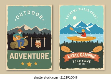 Set of camping retro posters. Vector. Concept for shirt or print, stamp, travel badge. Vintage typography design with pot on the fire, mountain, man with guitar, kayaker silhouette.