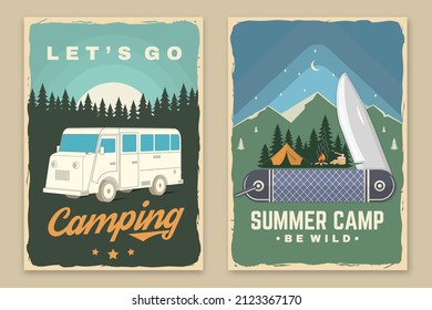 Set of camping retro posters. Vector illustration. Concept for shirt or logo, print, stamp, patch or tee. Vintage typography design with camping tent, trailer, forest and mountain silhouette.