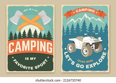 Set of camping retro posters. Vector illustration. Concept for shirt or logo, print, stamp, patch or tee. Vintage typography design with camping tent, quad bike, forest and mountain silhouette.