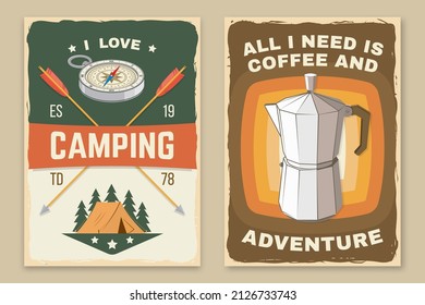 Set of camping retro posters. Vector illustration. Concept for badge, patch, shirt, logo, print, stamp or tee. Design with campfire, mountains, coffee and forest silhouette.